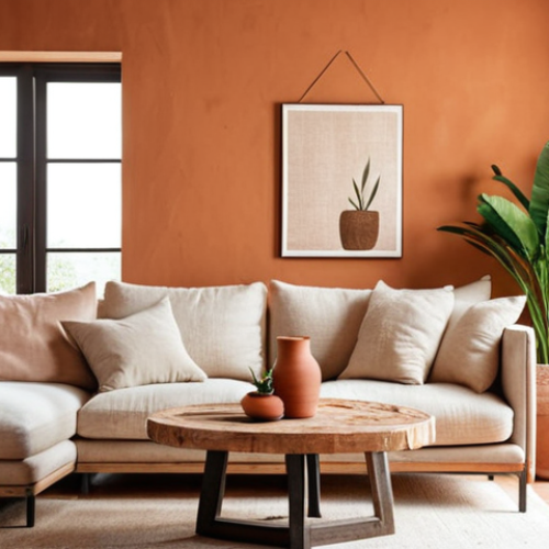 Home 4 **
A bright, modern living room featuring a reclaimed wood coffee table, a linen sofa in a warm beige tone, and a terracotta-colored accent wall. Large windows let in natural light. The space is decorated with a few carefully chosen artisanal objects and potted plants. Minimalist aesthetic with a focus on natural textures. Soft, diffused lighting. High-resolution photography.
**
