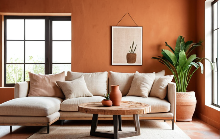 **

A bright, modern living room featuring a reclaimed wood coffee table, a linen sofa in a warm beige tone, and a terracotta-colored accent wall.  Large windows let in natural light.  The space is decorated with a few carefully chosen artisanal objects and potted plants.  Minimalist aesthetic with a focus on natural textures.  Soft, diffused lighting.  High-resolution photography.

**