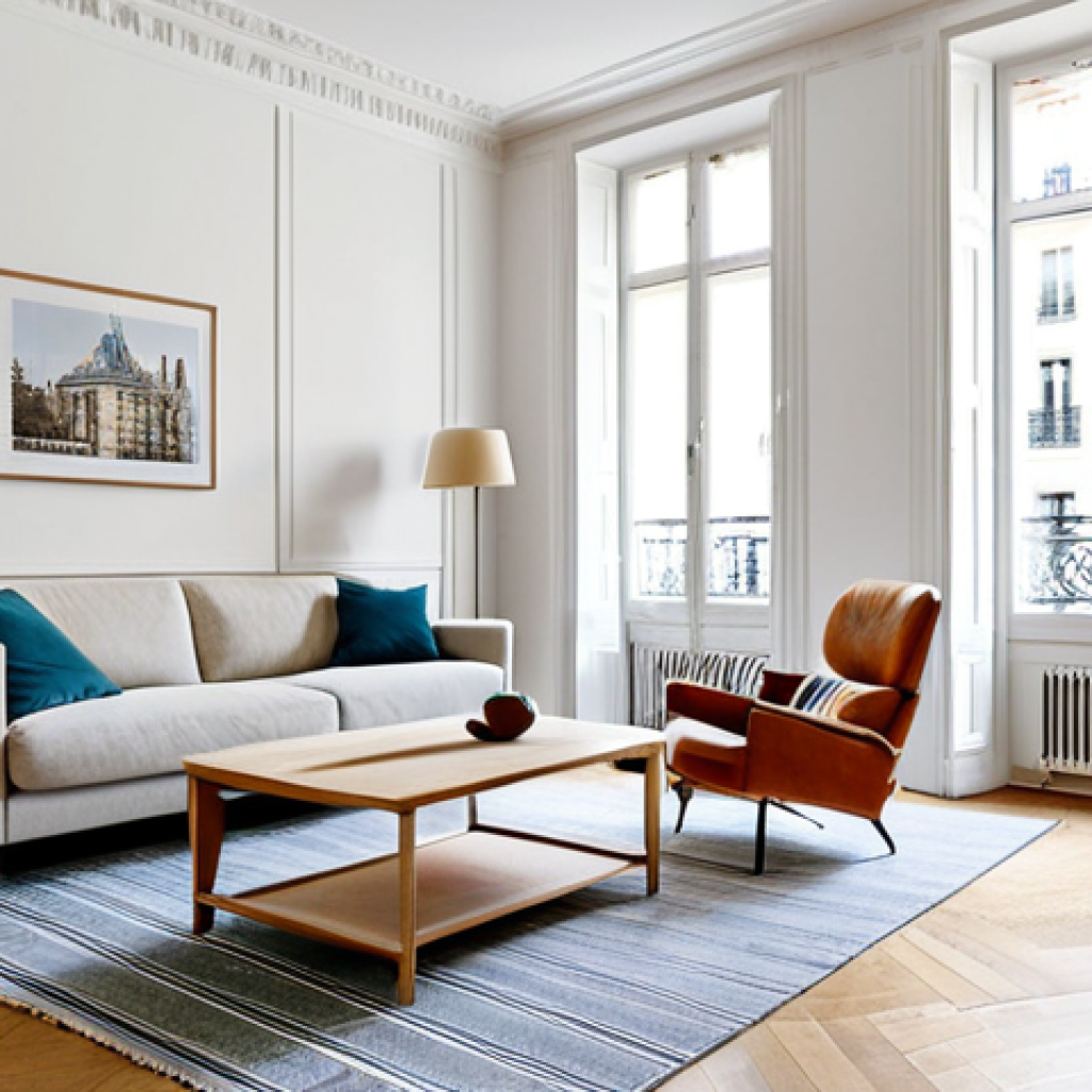 Parisian Apartment Renovation**

"A bright, airy Parisian apartment living room, recently restyled with a modern, minimalist aesthetic, safe for work, appropriate content, fully clothed figures enjoying the space, featuring natural light, light wood furniture, and subtle pops of color, professional interior design photography, perfect anatomy, correct proportions, natural pose, family-friendly, modest décor."

**