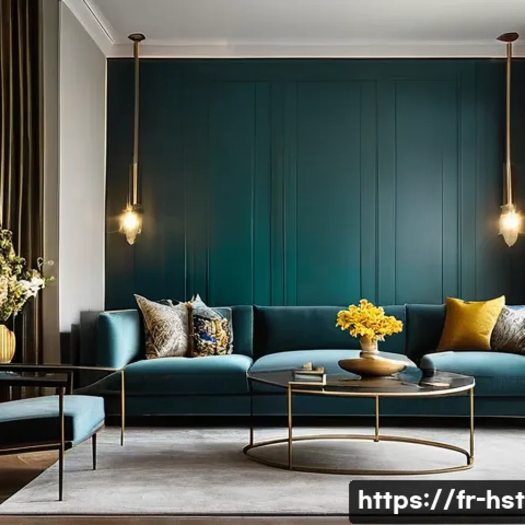 홈스타일링 컬러 매칭 이론 - **Prompt:** A sophisticated and immersive living room featuring a dominant "Transformative Teal" acc...
