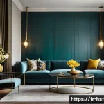 홈스타일링 컬러 매칭 이론 - **Prompt:** A sophisticated and immersive living room featuring a dominant "Transformative Teal" acc...