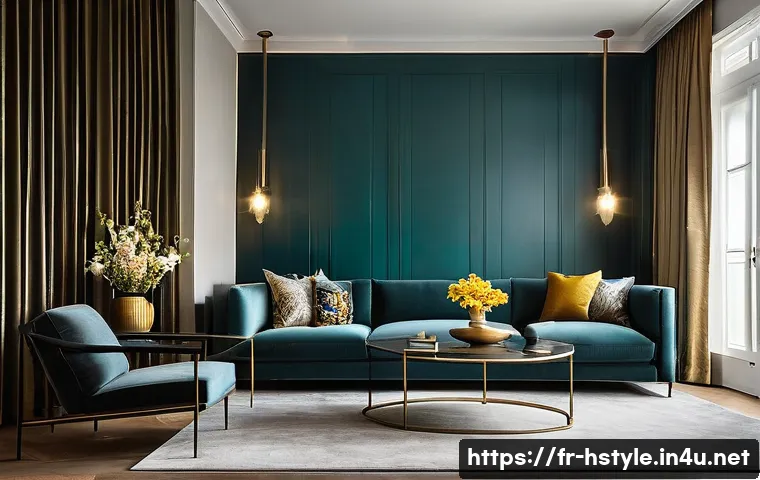 홈스타일링 컬러 매칭 이론 - **Prompt:** A sophisticated and immersive living room featuring a dominant "Transformative Teal" acc...