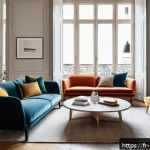 홈스타일링 고객 니즈 파악하기 - A warm and inviting interior living room scene in a modern Parisian apartment, emphasizing natural l...