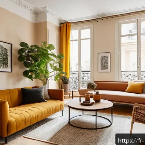 홈스타일리스트가 알아야 할 인테리어 기본 지식 - A cozy living room interior in a small Parisian apartment featuring warm terracotta and mustard yell...