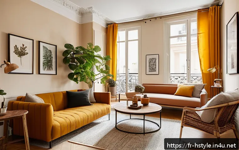 홈스타일리스트가 알아야 할 인테리어 기본 지식 - A cozy living room interior in a small Parisian apartment featuring warm terracotta and mustard yell...