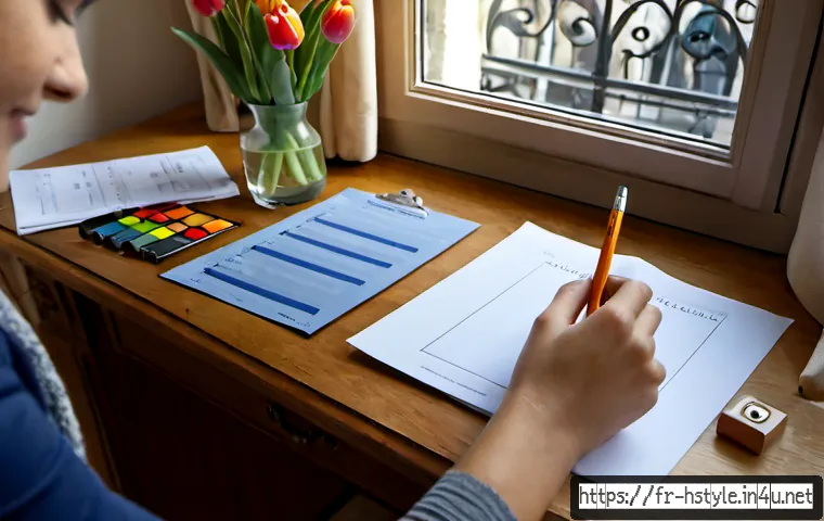 홈스타일링 고객 설문지 작성법 - Photorealistic French interior designer preparing a home styling client questionnaire at a light oak...