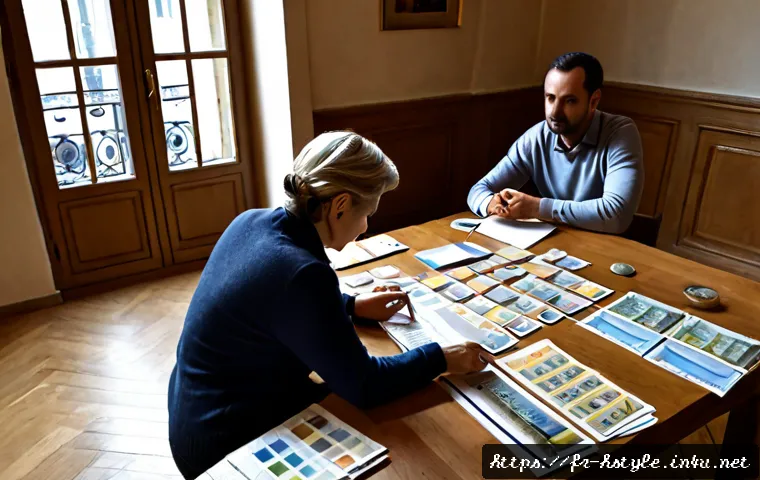 홈스타일링 프로젝트 비용 산정법 - Photorealistic French apartment home styling budget planning scene, middle-aged couple reviewing roo...