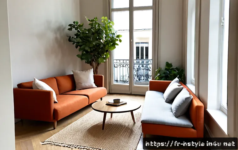 홈스타일링 실습 과제 아이디어 - Photorealistic home styling student project in a bright Parisian apartment living room, a carefully ...
